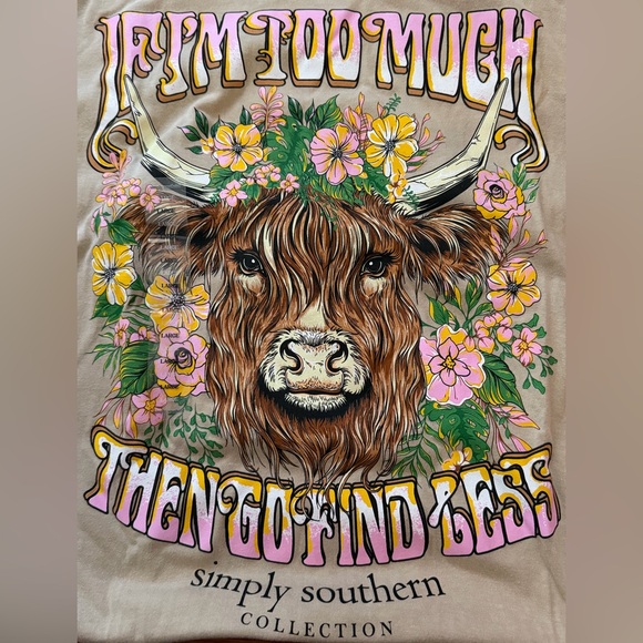 Simply Southern Tops - Simply Southern Floral Highland Cow Tee - Tan & Pink SZ L NWTS
